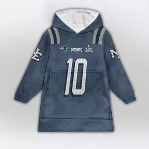 Drake Maye 10 Patriots Rivalries Storm Blue SB LX Blanket Hoodie1