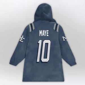 Drake Maye 10 Patriots Rivalries Storm Blue SB LX Blanket Hoodie2