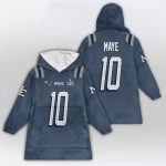 Drake Maye 10 Patriots Rivalries Storm Blue SB LX Blanket Hoodie