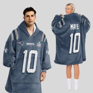Drake Maye 10 Patriots Rivalries Storm Blue SB LX Blanket Hoodie3
