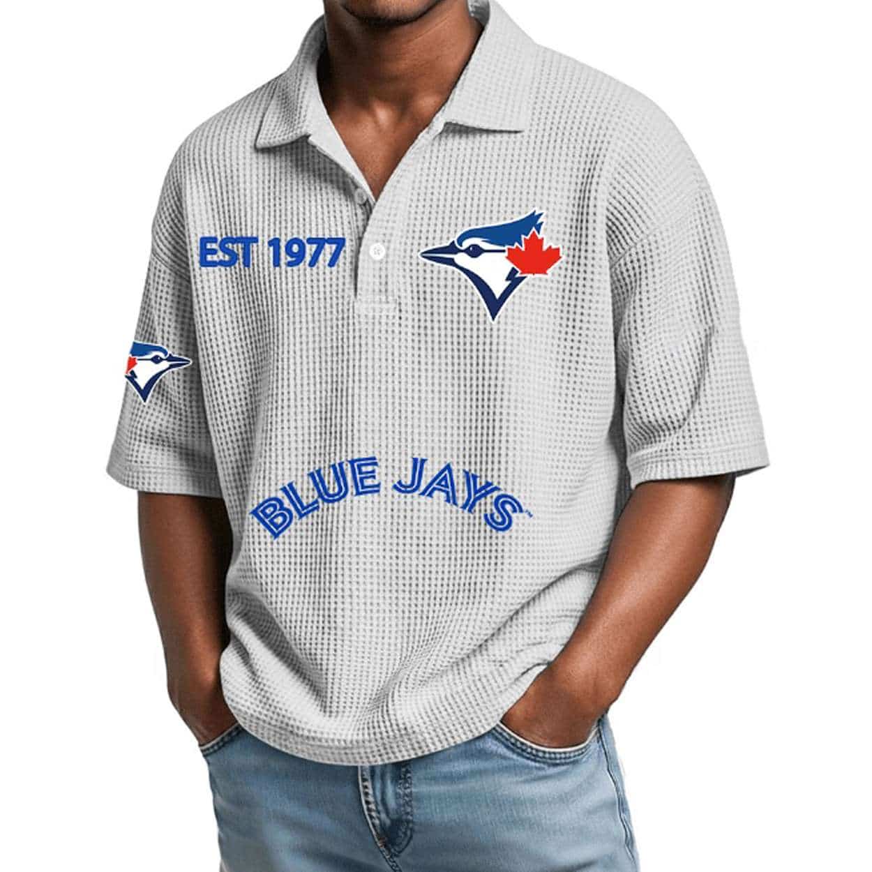 2026 Blue Jays Est 1977 Waffle Collar Polo Shirt 2026 Blue Jays Est 1977 Waffle Collar Polo Shirt