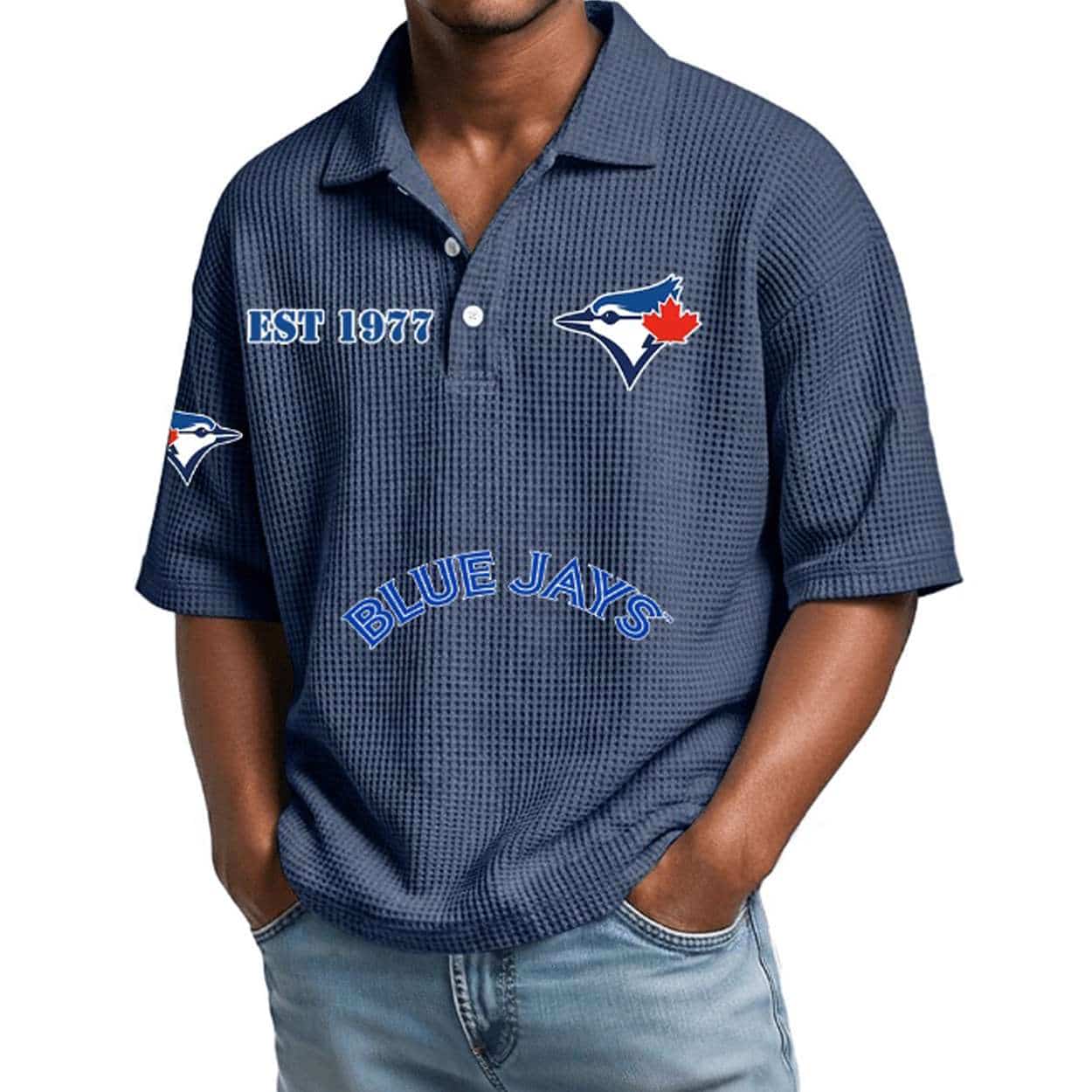 2026 Blue Jays Est 1977 Waffle Collar Polo Shirt 2026 Blue Jays Est 1977 Waffle Collar Polo Shirt