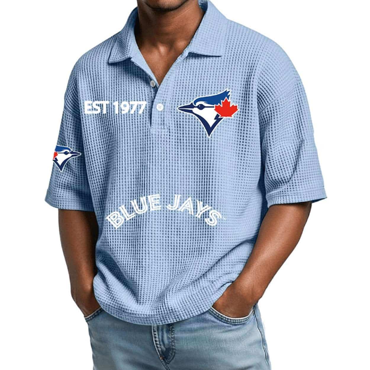 2026 Blue Jays Est 1977 Waffle Collar Polo Shirt 2026 Blue Jays Est 1977 Waffle Collar Polo Shirt