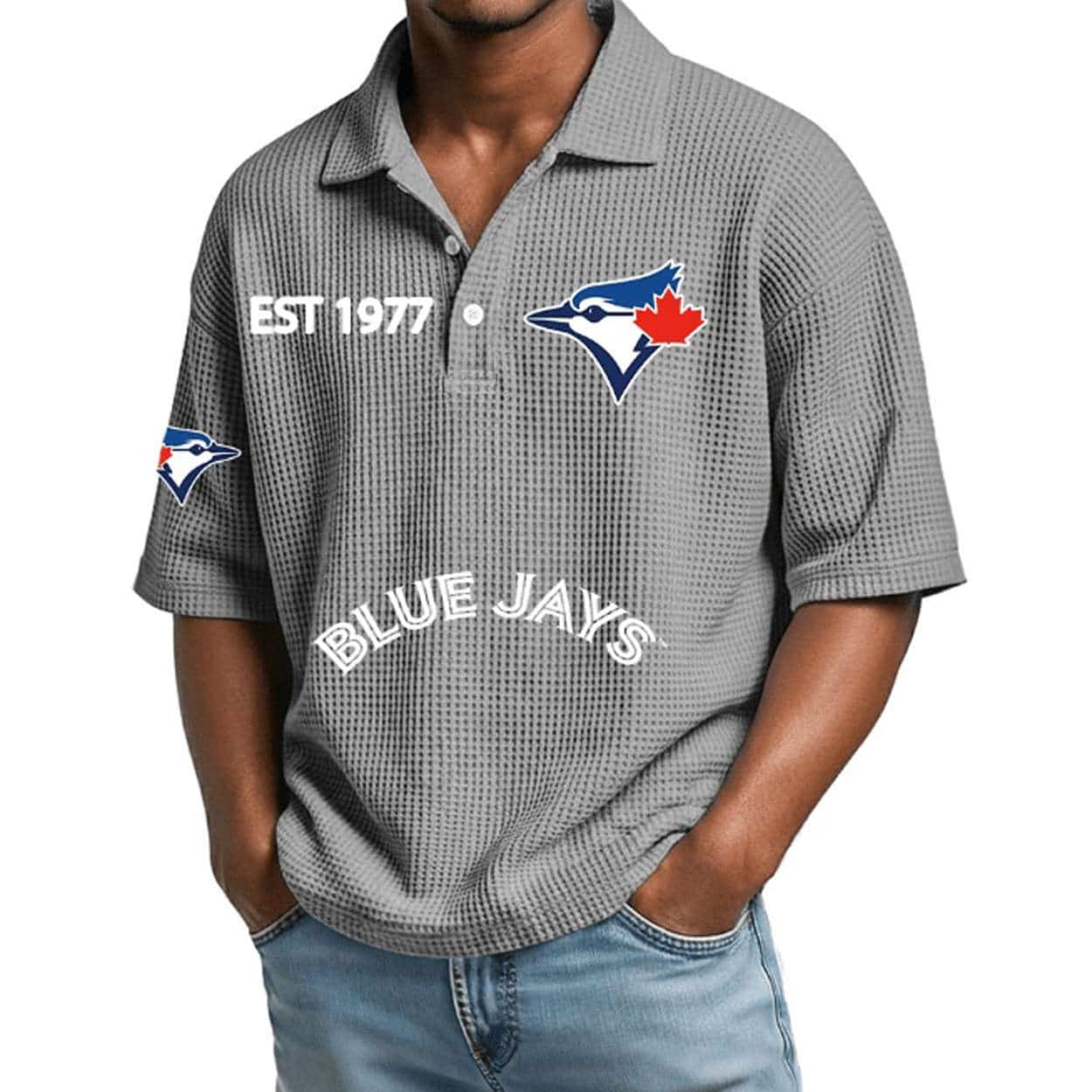 2026 Blue Jays Est 1977 Waffle Collar Polo Shirt 2026 Blue Jays Est 1977 Waffle Collar Polo Shirt