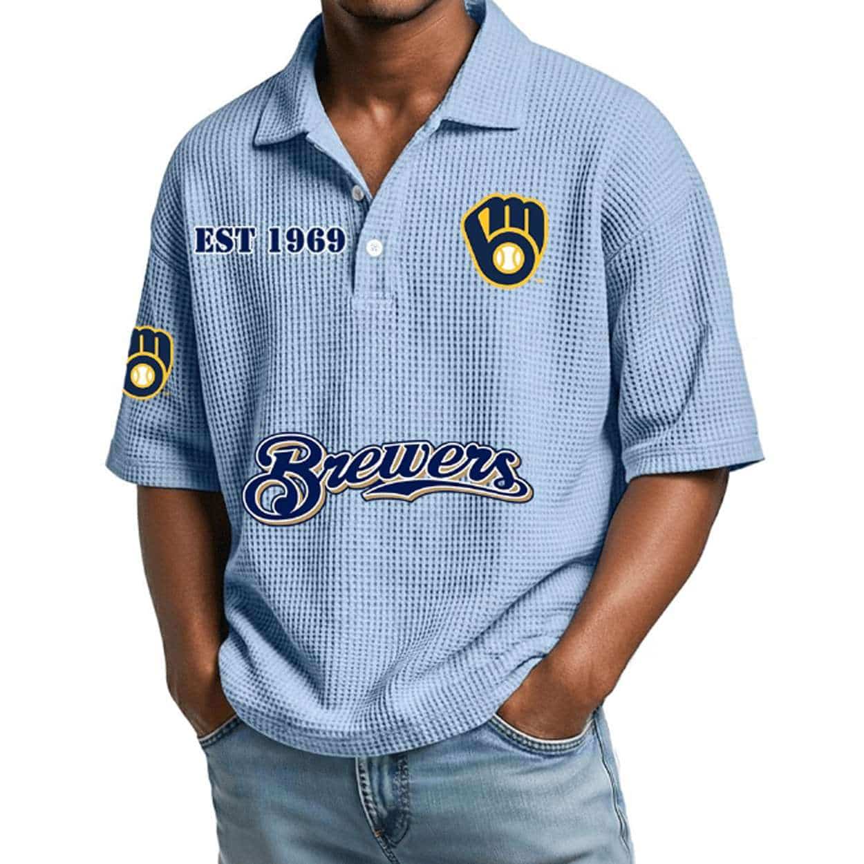 2026 Brewers Est 1969 Waffle Collar Polo Shirt 2026 Brewers Est 1969 Waffle Collar Polo Shirt