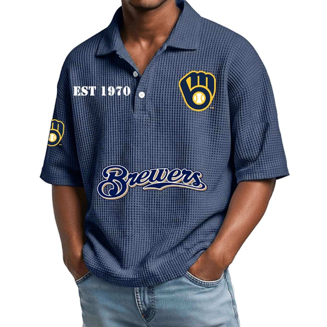 2026 Brewers Est 1969 Waffle Collar Polo Shirt 2026 Brewers Est 1969 Waffle Collar Polo Shirt