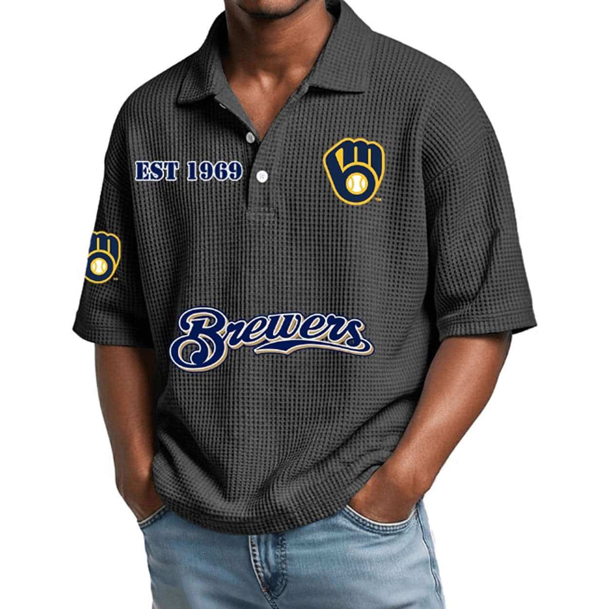 2026 Brewers Est 1969 Waffle Collar Polo Shirt 2026 Brewers Est 1969 Waffle Collar Polo Shirt