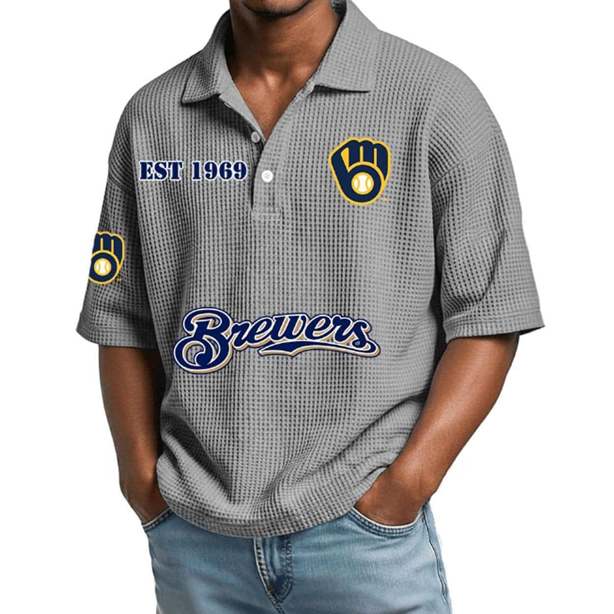 2026 Brewers Est 1969 Waffle Collar Polo Shirt 2026 Brewers Est 1969 Waffle Collar Polo Shirt