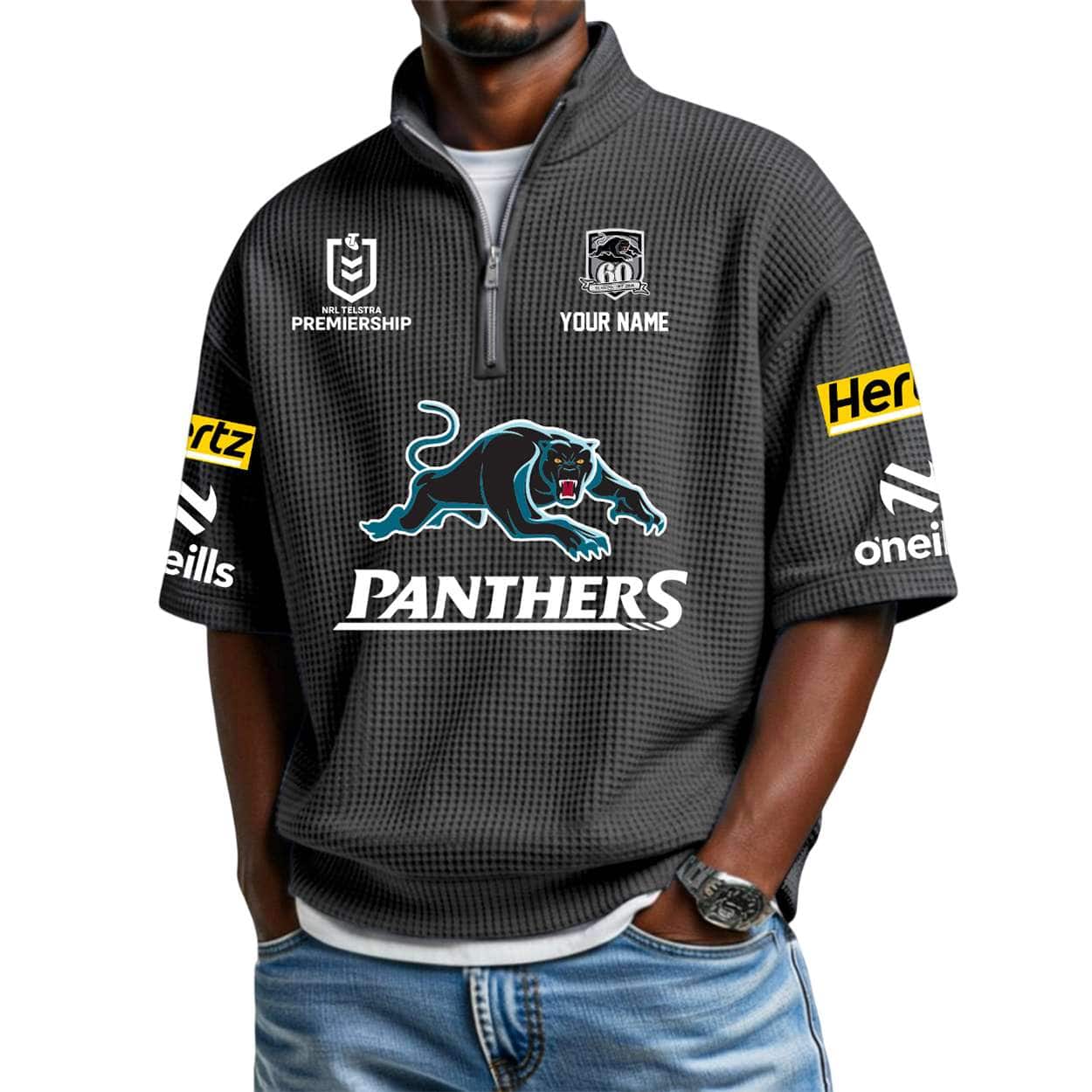 2026 Personalized Panthers Waffle Collar Short Sleeved Shirt 2026 Personalized Panthers Waffle Collar Short Sleeved Shirt