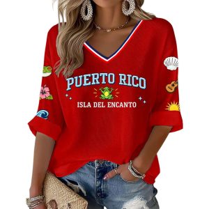 Womens Puerto Rico Print Casual Waffle Fabric T Shirt2