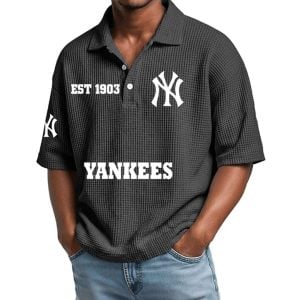 2026 Yankees Est 1977 Waffle Collar Polo Shirt2