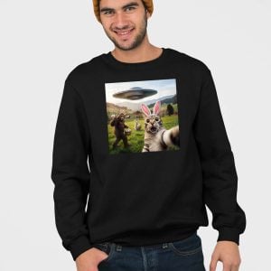 Funny Cat Selfie with Easter Bunny Bigfoot UFO Shirt 4
