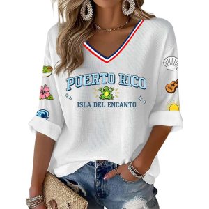 Womens Puerto Rico Print Casual Waffle Fabric T Shirt