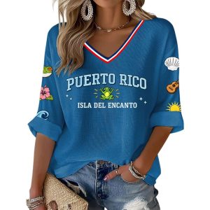 Womens Puerto Rico Print Casual Waffle Fabric T Shirt1