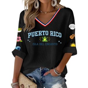 Womens Puerto Rico Print Casual Waffle Fabric T Shirt3