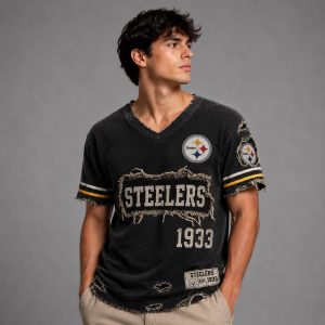 Steelers Est 1933 Distressed Ripped V Neck T Shirt 3