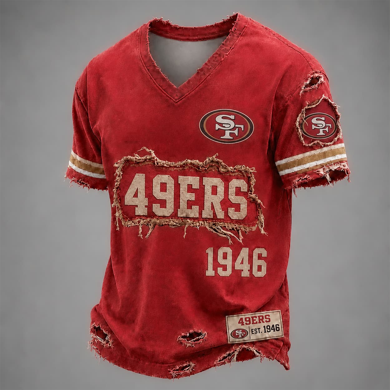 49ers Est 1946 Distressed Ripped V-Neck T-Shirt 49ers Est 1946 Distressed Ripped V-Neck T-Shirt
