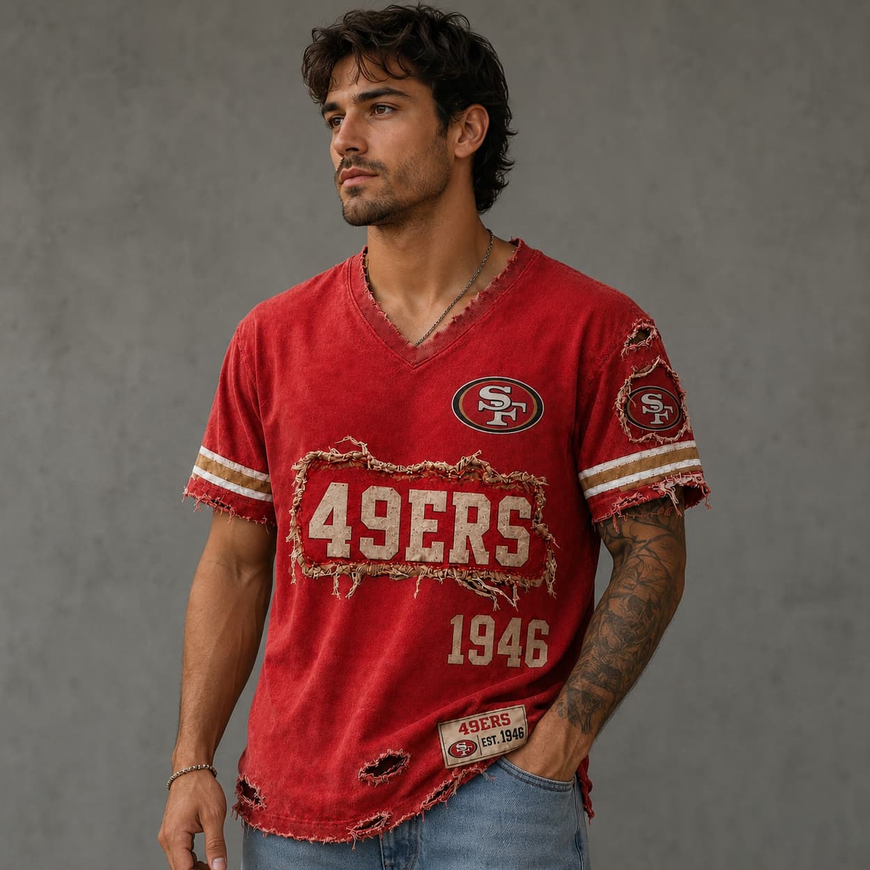49ers Est 1946 Distressed Ripped V-Neck T-Shirt 49ers Est 1946 Distressed Ripped V-Neck T-Shirt
