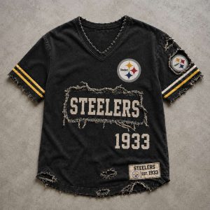 Steelers Est 1933 Distressed Ripped V Neck T Shirt 2