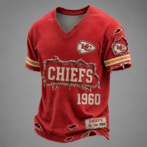 Chiefs Est 1960 Distressed Ripped V-Neck T-Shirt
