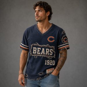 Bears Est 1920 Distressed Ripped V Neck T Shirt 2