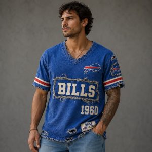 Bills Est 1960 Distressed Ripped V Neck T Shirt 2