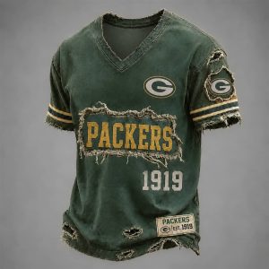 Packers Est 1919 Distressed Ripped V Neck T Shirt 1