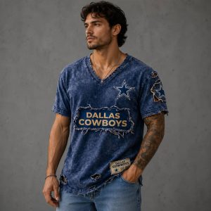 Cowboys Est 1960 Streetwear Distressed V Neck Shirt 3
