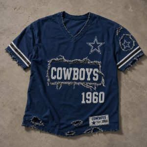 Cowboys Est 1960 Distressed Ripped V Neck T Shirt 2