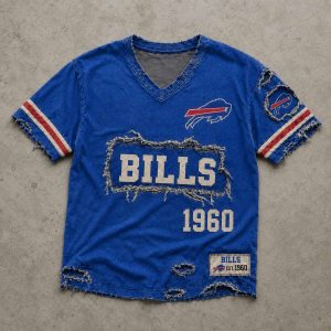 Bills Est 1960 Distressed Ripped V Neck T Shirt 3