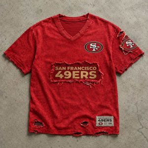Sf 49ers Est 1946 Distressed Ripped V Neck T Shirt1