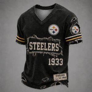 Steelers Est 1933 Distressed Ripped V Neck T Shirt 1