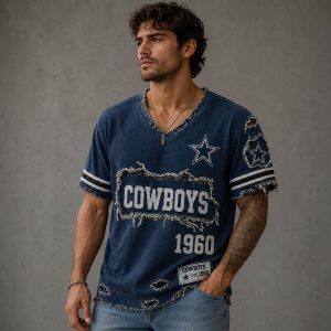Cowboys Est 1960 Distressed Ripped V Neck T Shirt 3