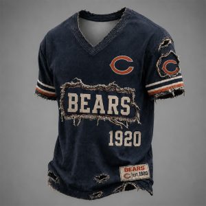 Bears Est 1920 Distressed Ripped V-Neck T-Shirt