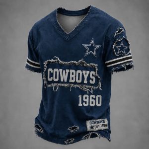 Cowboys Est 1960 Distressed Ripped V-Neck T-Shirt