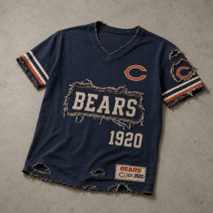 Bears Est 1920 Distressed Ripped V Neck T Shirt 3