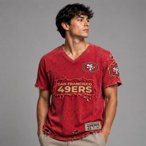 Sf 49ers Est 1946 Distressed Ripped V-Neck T-Shirt