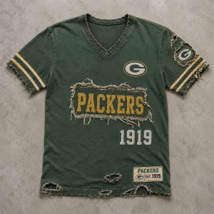 Packers Est 1919 Distressed Ripped V Neck T Shirt 2